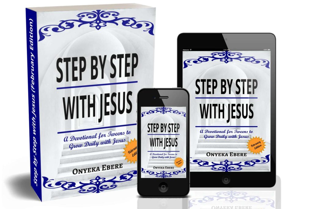 A display of 3 editions of the teens devotional: Step by Step with Jesus by Onyeka Ebere