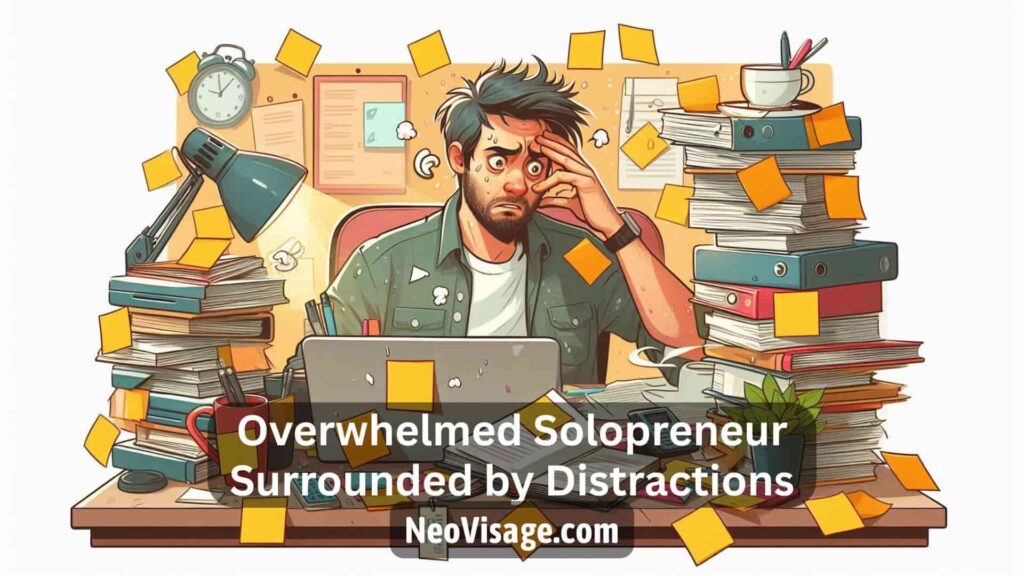 Overwhelmed Solopreneur Surrounded by Distractions - NeoVisage.com