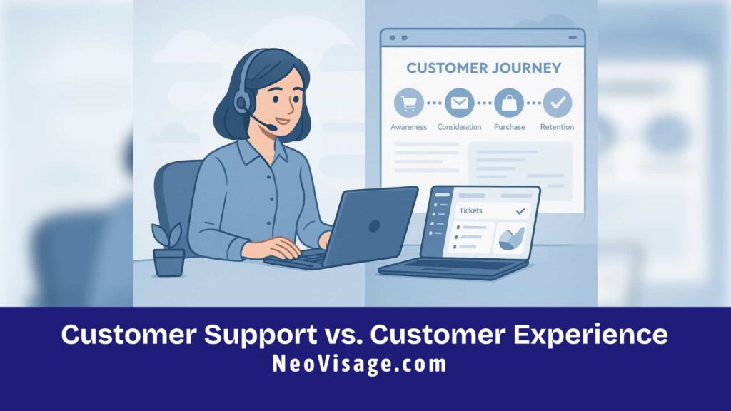 Split-screen digital illustration comparing customer support interactions with a complete customer experience journey across a business website and digital touchpoints.
